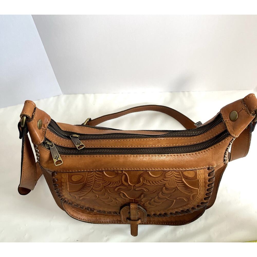 Patricia Nash Camille Tan Tooled Leather Crossbody Purse Saddle Bag Whipstitch - Picture 10 of 16